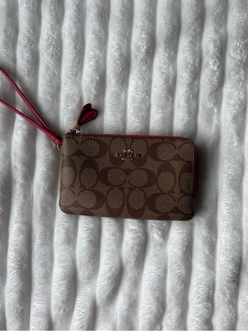 Coach Brown Signature Canvas Wristlet with Pink Trim and Strap
